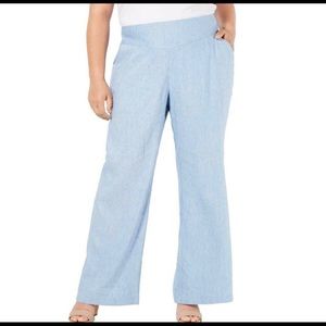 INC Chambray Blue Pant Wide Leg Washable Linen Blend Wide Waistband Side Zipper